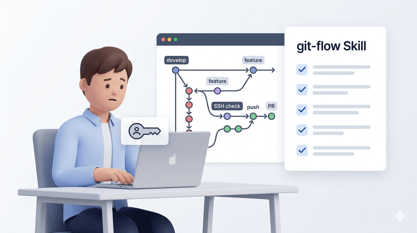Git Flow 반복 절차를 git-flow Skill로 정리하는 삽화
